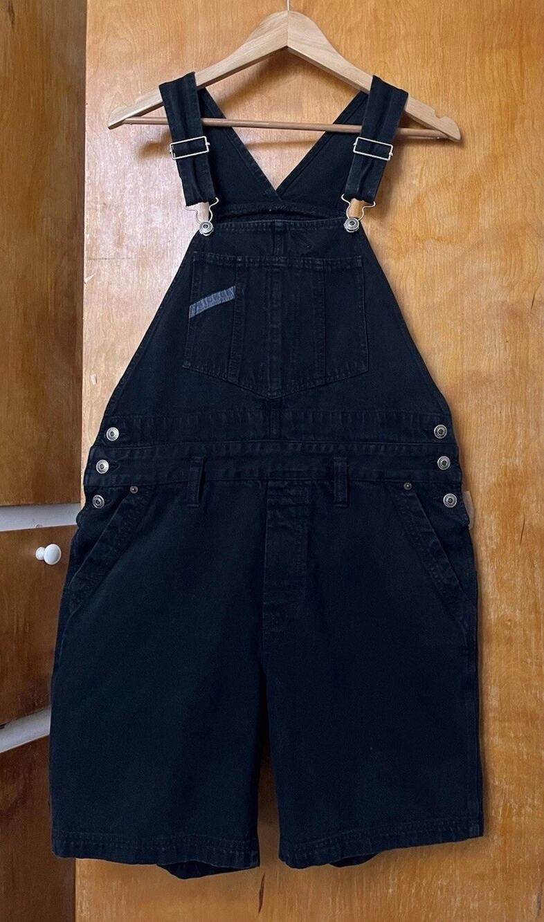 Vintage 90s Unionbay Baggy Black Denim Overalls Shorts Shortalls Sz M Grunge